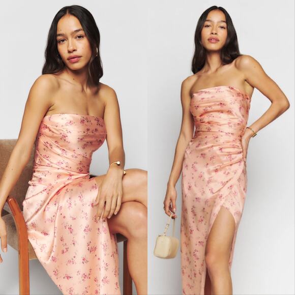 Reformation Barrow Silk Strapless Maxi Dress Myrna Pink Floral - Picture 1 of 4